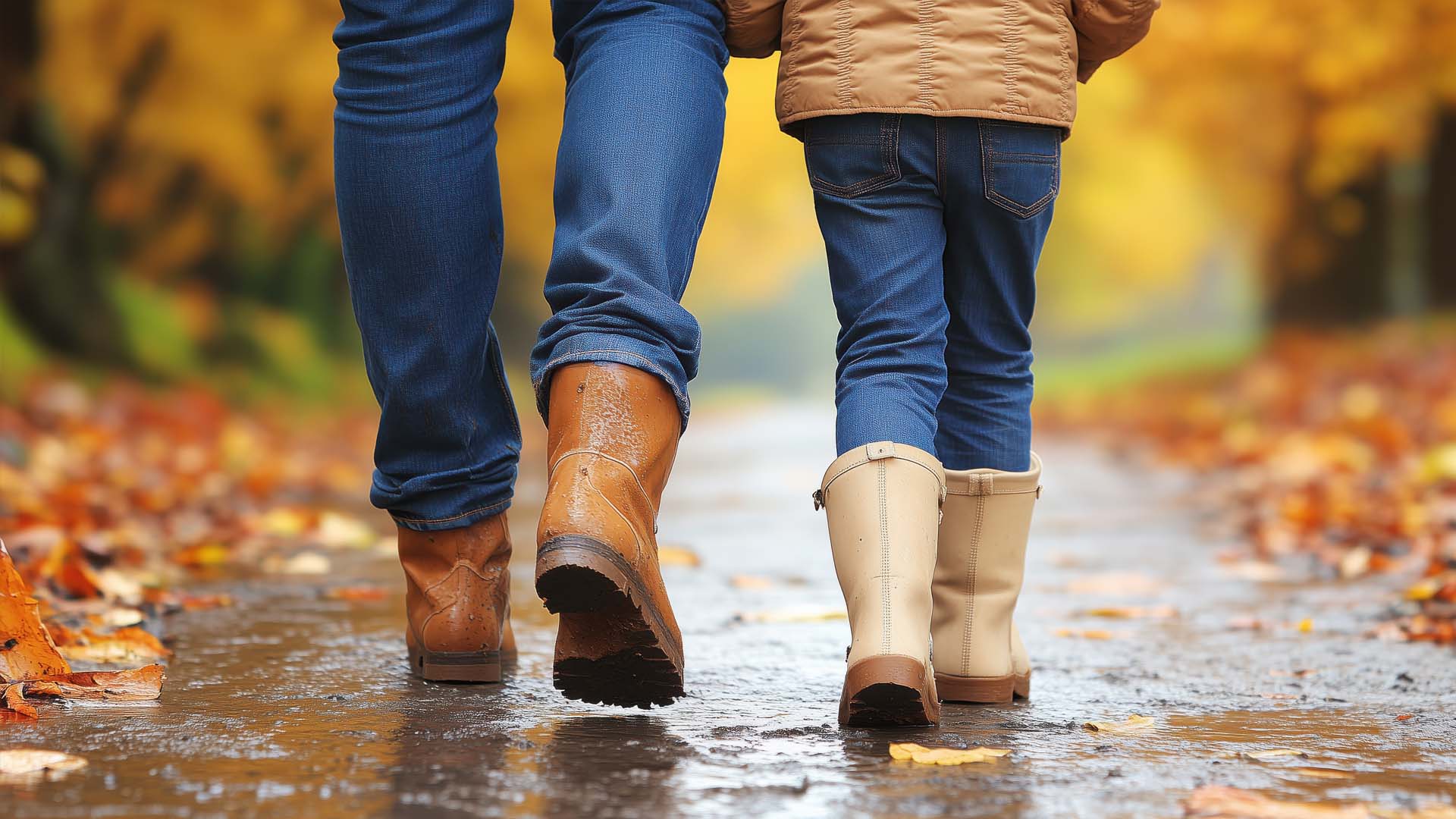 Voksen og barn går ved siden af hinanden i gummistøvler. FOTO: AdobeStock